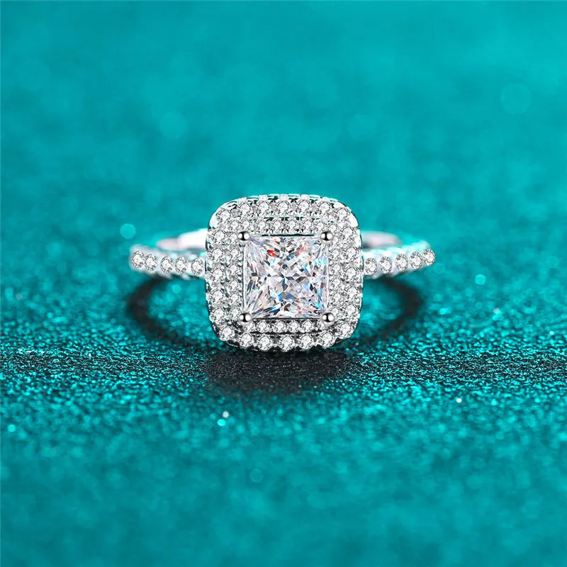 Silver 925 Original 1 Carat Brilliant Cut Diamond Test Past D Color Square Moissanite Wedding Ring Princess Gemstone Jewelry