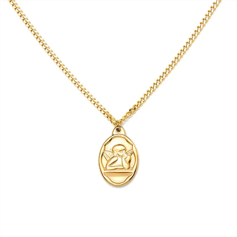 Factory Supply Direct Oval Angle Pendant Necklace Plated Stainless Steel Jewelry Gold Titanium Steel for Women 18K Necklaces