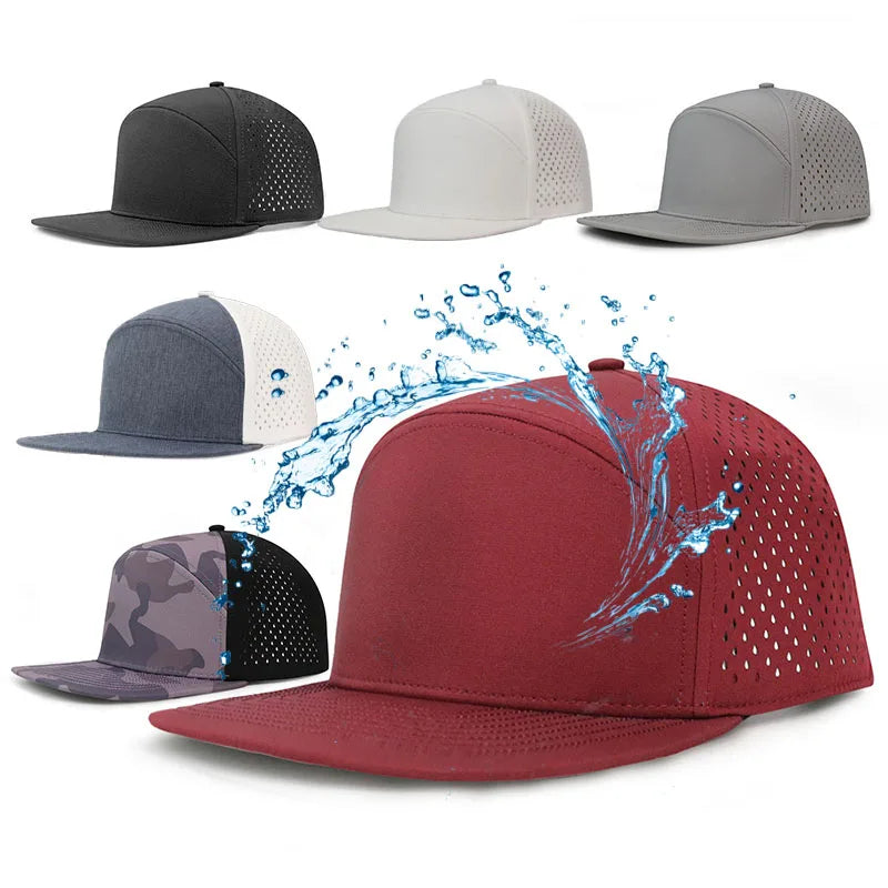 HS15 Fashion Style Fashion Laser Cut Hydro Baseball Hat Trenches 6 Panel Rubber Patch Water Proof Blank Golf Hat