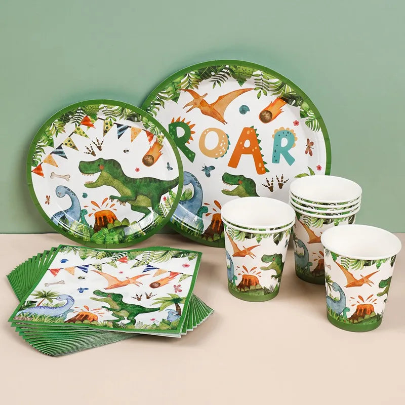 Dinosaur Disposable Tableware Set for Birthday Parties Paper Plate Napkin Cups Dinnerware for Gender Reveal Occasions