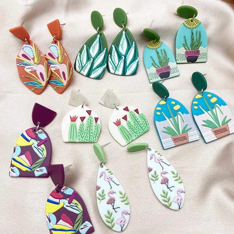 Acrylic Cactus Pattern Drop Earrings Geometric Tree Plant Printed Drop Earrings for Women
