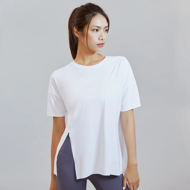 High Quality Gym Wear Women Short Sleeve Fitness Shirts Custom Logo 85%Nylon 15% Spandex Yoga Top Loose Workout Sport T-Shirt