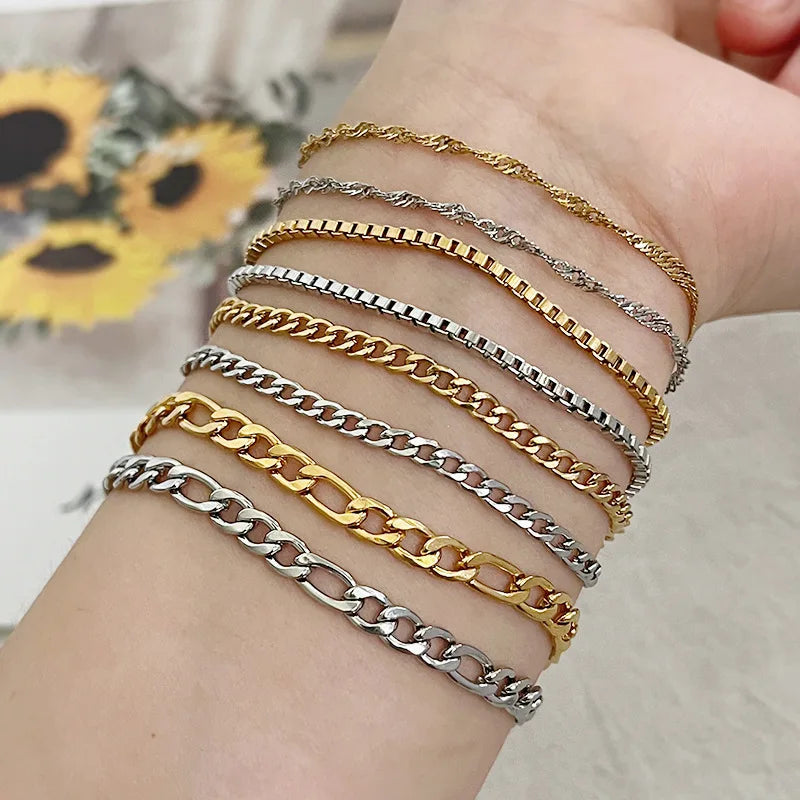 Wholesale Hot Sale Women's Minimalist Design 18K Gold-Plated Titanium Steel Link Versatile Square Thin Chain Bracelet Jewelry