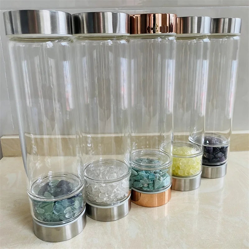 Factory Price Elixir Gemstone Healing Water Bottle Crystal Gemstone Tumbled Stone Gravels Glass Water Bottle