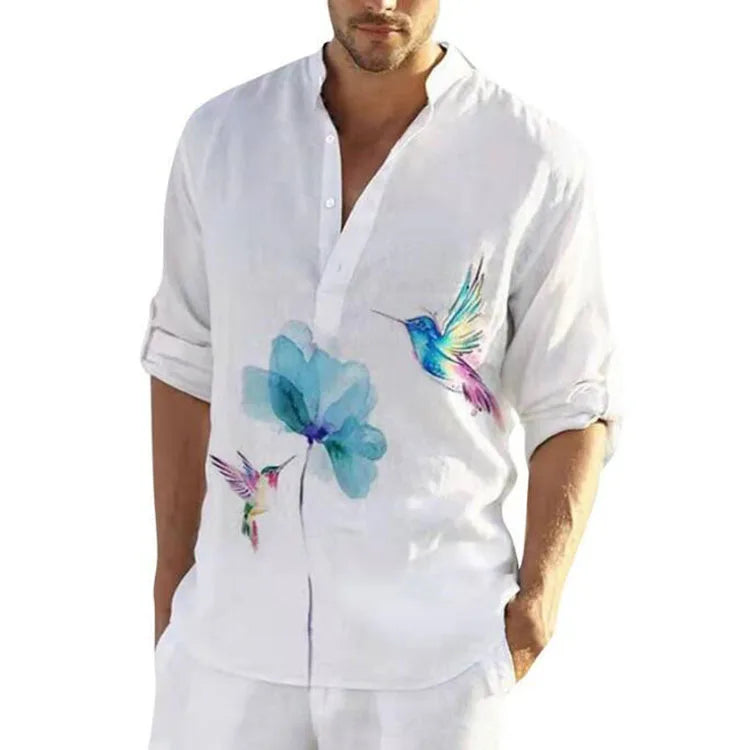 New Mens Loose Linen Shirts Male Fashion Cotton Linen White Printed V-neck Buttons Shirts Men Casual Long Sleeves Shirt