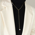 EManco Y Shape Imitation Pearl Stainless Steel Clavicle Necklace with Link Chain Trendy Round Pearl Wedding & Anniversary Gift