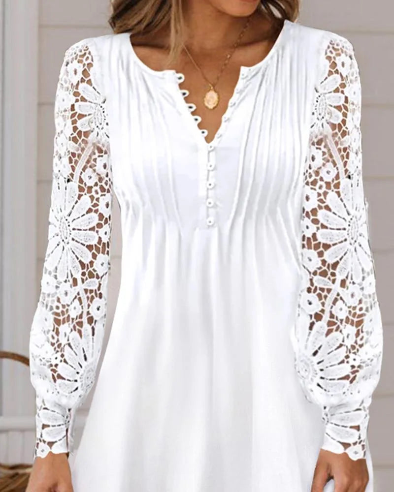 S-5XL Spring/Summer New Women's Fashion Lace Long Sleeve Dress V- Neck Bubble Sleeve Dress