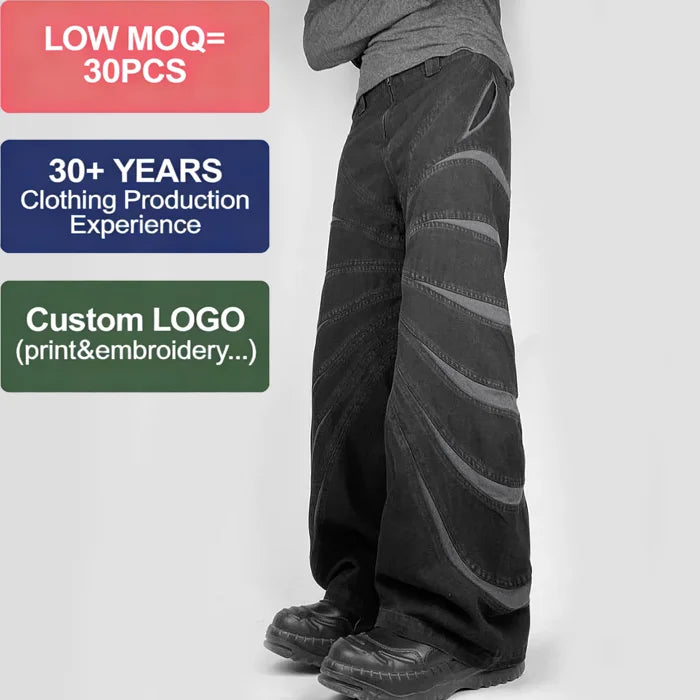 High Street Bungee Style Dark Contrast Curved Seam Panels Reverse Wide Leg Cargo Pants 100% Cotton Denim Baggy Jeans Hip Hop Men