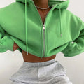 Wholesale Autumn Hood Tops Solid Color Custom Womens Green Loose Cardigan Front Zipper Short Hoodies for Woman