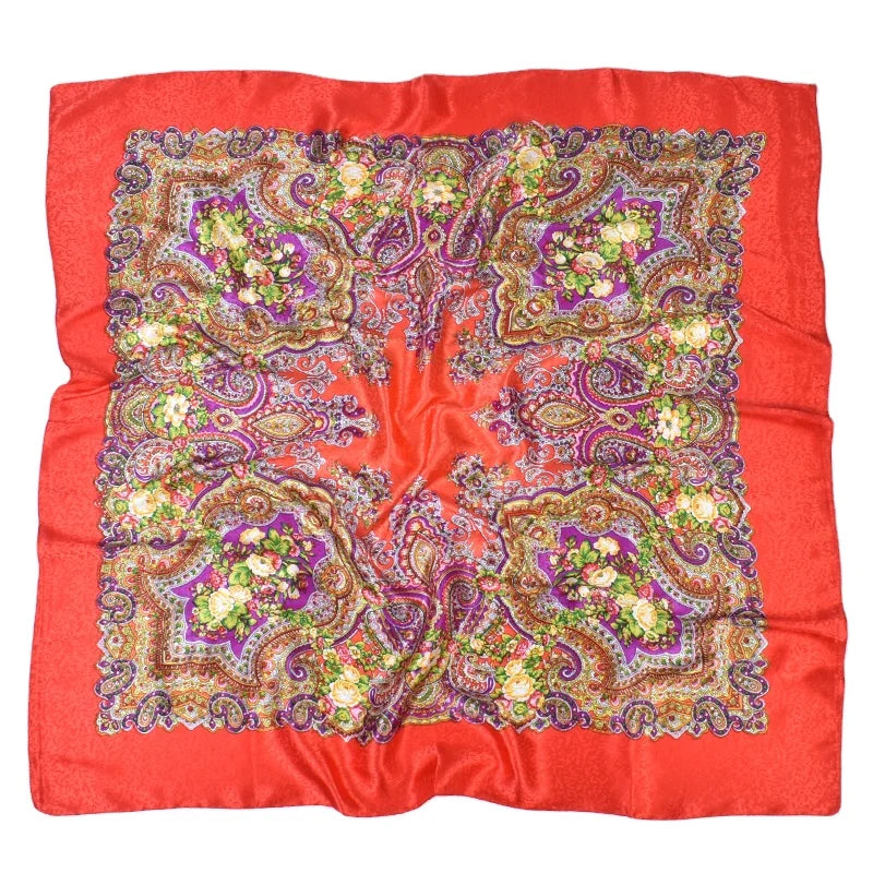 Factory Customized Wholesale Oversized Ethnic Paisley Jacquard Silk Scarf Russian Retro Floral Print Head Scarves Wrap Square