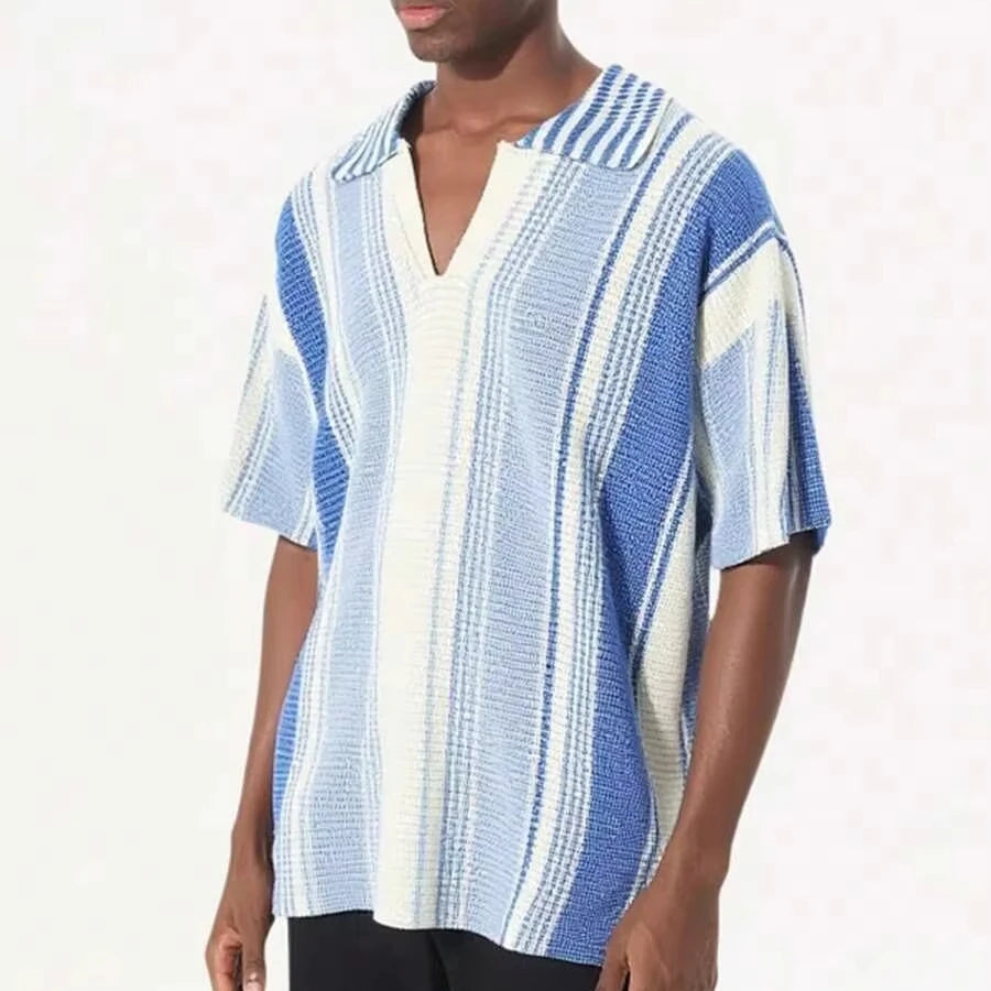 Custom Design Logo Knitwear Short Sleeve Summer Street Life Striped Casual Knit Pullover Top Men Polo Shirts