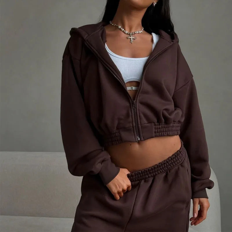 Custom Logo Women's Zip up Heavyweight French Terry Crop Hoodies Good Quality Cotton Fleece Hoodie and Jogger Set for Women