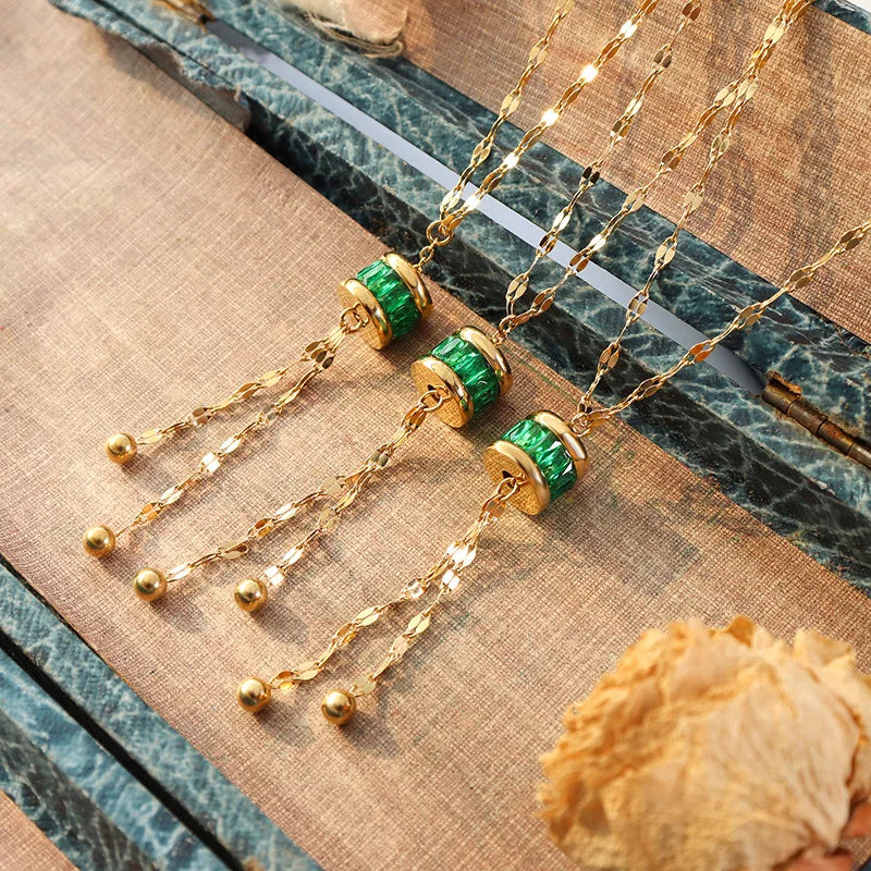 Fashion green tassel pendant stainless steel 18k gold plated link chain necklaces for women