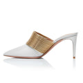 Elegant Women White PU Leather Gold Strappy High Heels Stiletto Heel Pointed Toe Casual Mules Ladies Pumps