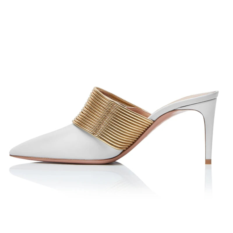 Elegant Women White PU Leather Gold Strappy High Heels Stiletto Heel Pointed Toe Casual Mules Ladies Pumps