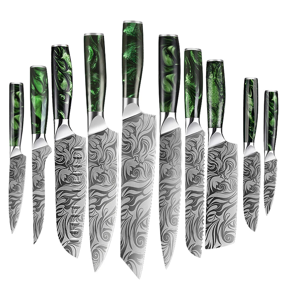 10 Pcs Luxurious Kitchen Knives Set High-Polish Finish Stainless Steel Resin Handle Paring Kiritsuke Boning Bread Santoku Knife