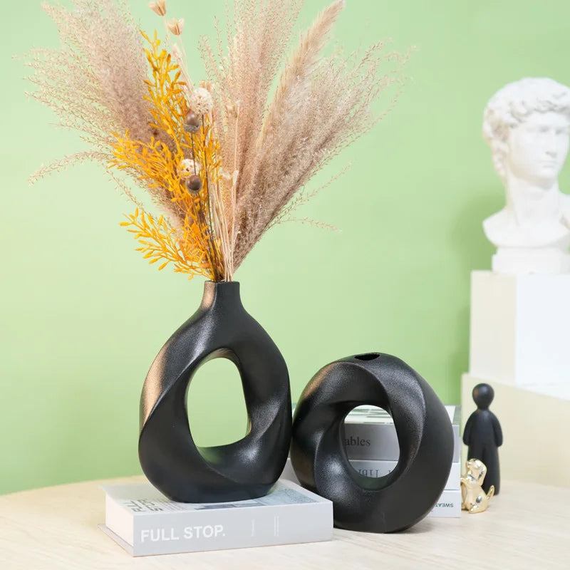 Creative Nordic Handmade Ceramic Flower Vase Coarse Pottery Donut Frosted Ornament for Home Decor Matt Living Room Dried Flowers