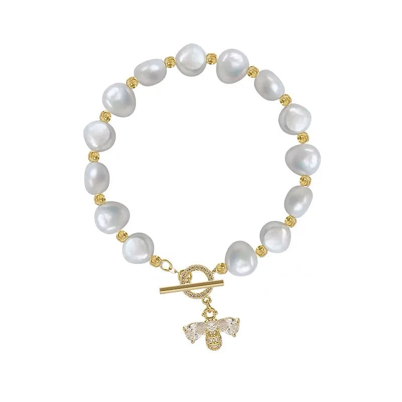 18 K Gold Plated Zircon Bee Freshwater Pearl Bracelet Women Elegant Pearl Handmade Jewelry Bracelet
