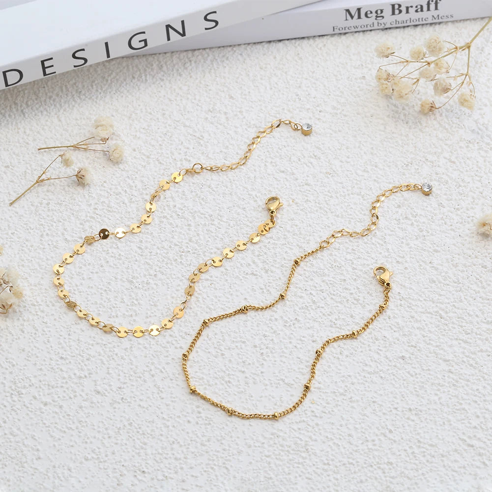 New Layered Stacked Chain Anklet 18k Gold Plated Brass 2pc Link Anklets Sets Fashion Foot Jewelry Anklets for Women Girls