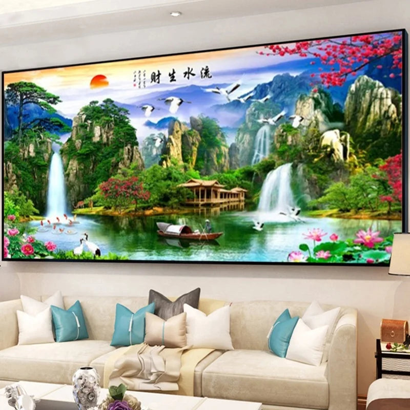 Flowing Water Landscape Large Living Room Decorative Banner Diamond Crystal Porcelain Painting