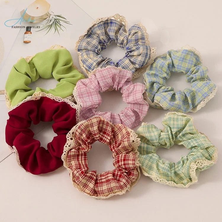 Korean Plaid Lace Cloth Scrunchies-Fashion Ponytail Hair Rope Accessories Multi-color