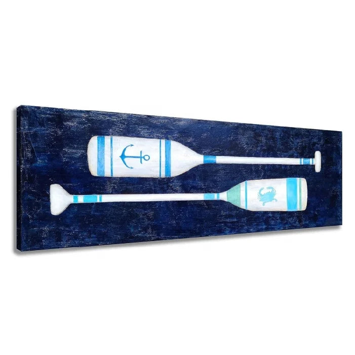 Bedroom Bathroom Decor Arts Coastal Canvas Wall Art Navy Blue and White Wooden Oar