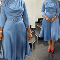 S-3XL New Elegant Office Dress  Pleated  Professional Round Neck  Belt Waisted Mid Calf Formal Business Work Dress