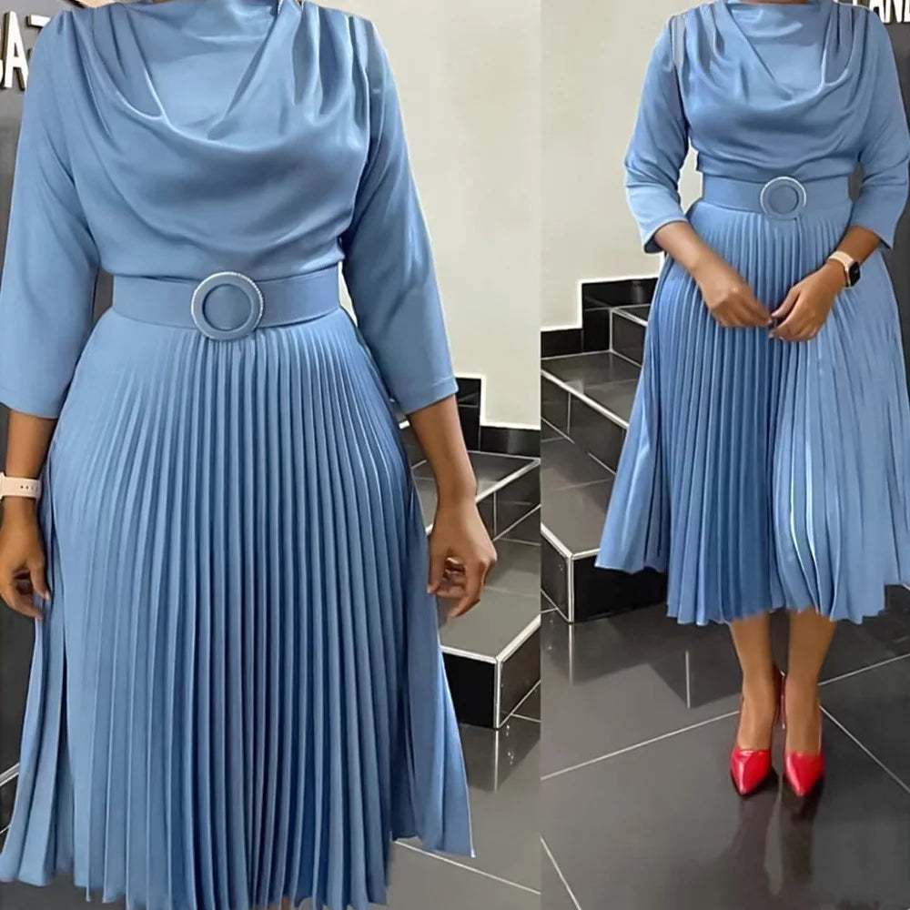 S-3XL New Elegant Office Dress  Pleated  Professional Round Neck  Belt Waisted Mid Calf Formal Business Work Dress