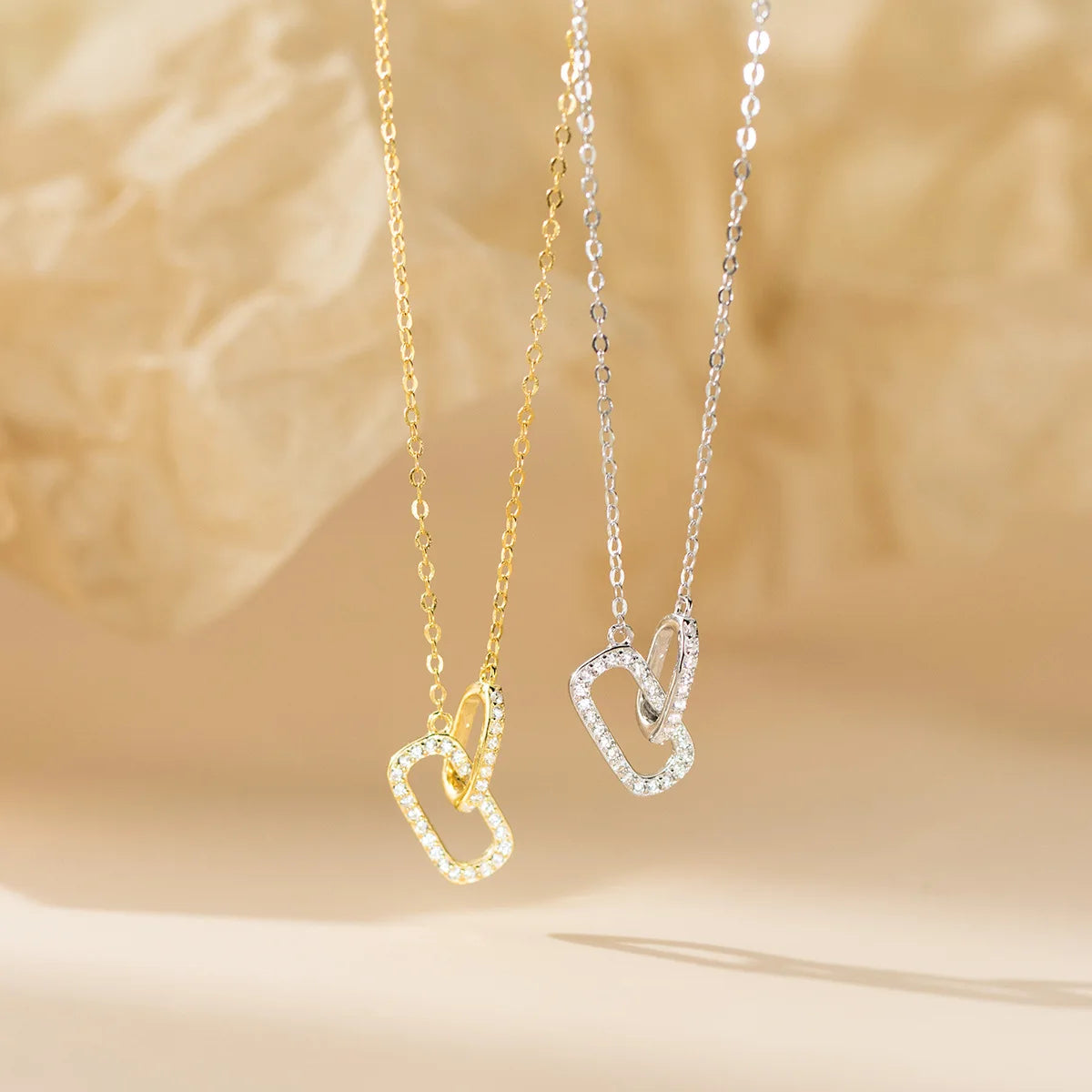 Fashion Necklace Jewelry 925 Sterling Silver Square Round Circle Zircon Necklace Two Double Rings Circles Gold Plated Necklaces