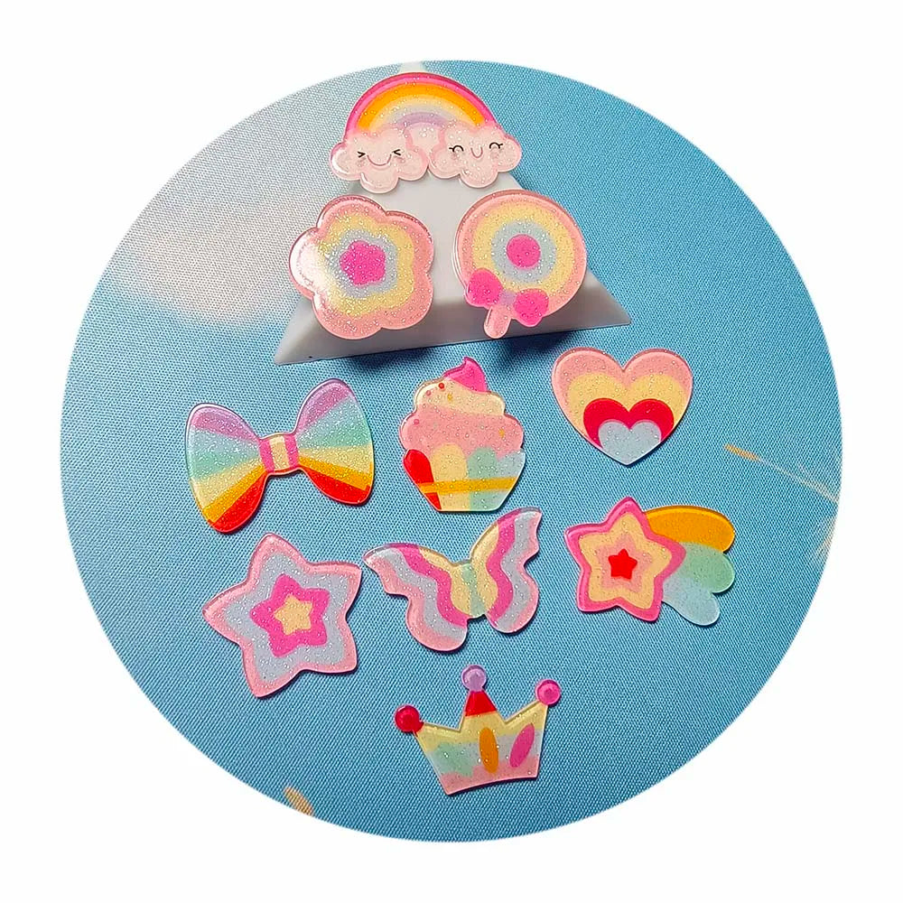 Bulk Rainbow Glittery PVC Cabochons Cute Lollipop Crown Bowknot Star Heart Flower Rainbow Cloud Crafts for Scrapbook Decor
