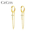 CZCITY Delicate Chian Earrings Gold Chain Pave Cz Hoop 925 Woman Charm Diamond Clip on Chain Cross Earring