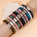 Fashion Handmade Natural Stone Beaded Elastic Bracelet Women Stainless Steel Engraving Stone Bead Stretch Couple Bracelet