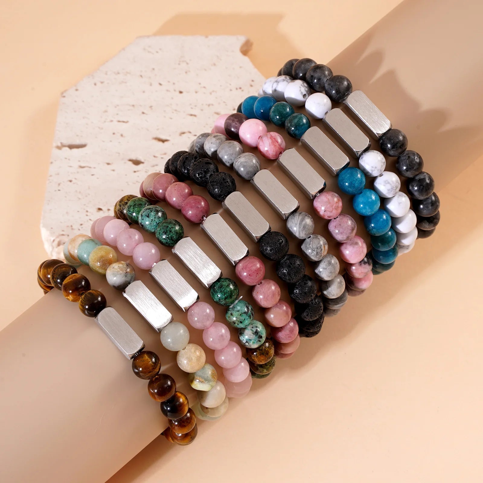 Fashion Handmade Natural Stone Beaded Elastic Bracelet Women Stainless Steel Engraving Stone Bead Stretch Couple Bracelet