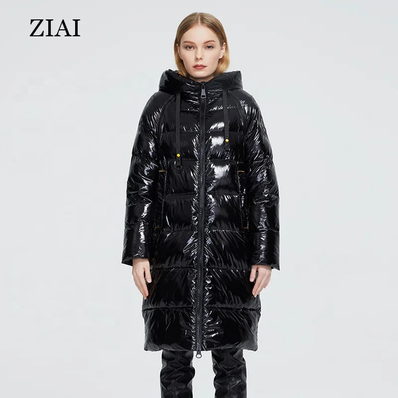 Factory Directly Supply Plus Size Winter Parka Coat Long Windproof Jacket Ladies Black Shiny Padded Coat Woman