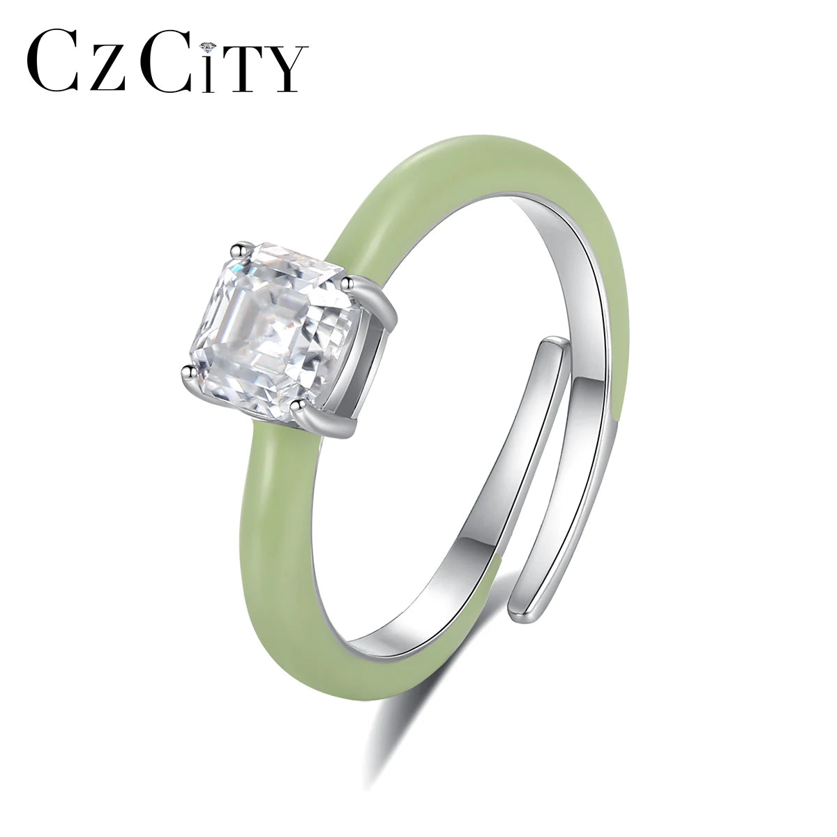 CZCITY Woman Diamond Engagement Trendy Square Adjustable Finger White Gold Moissanite Ring 925 Sterling Silver
