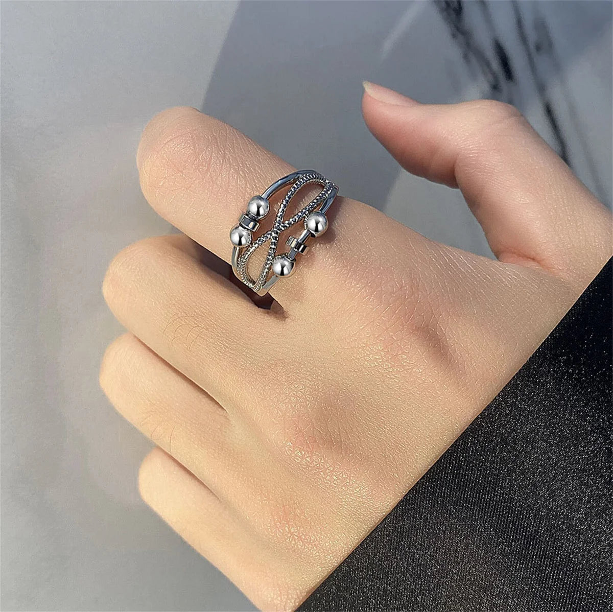 Women Men Adjustable Anxiety Ring Silver Relieve Fidget Spinner Worry Beads Meditation Ring Gift