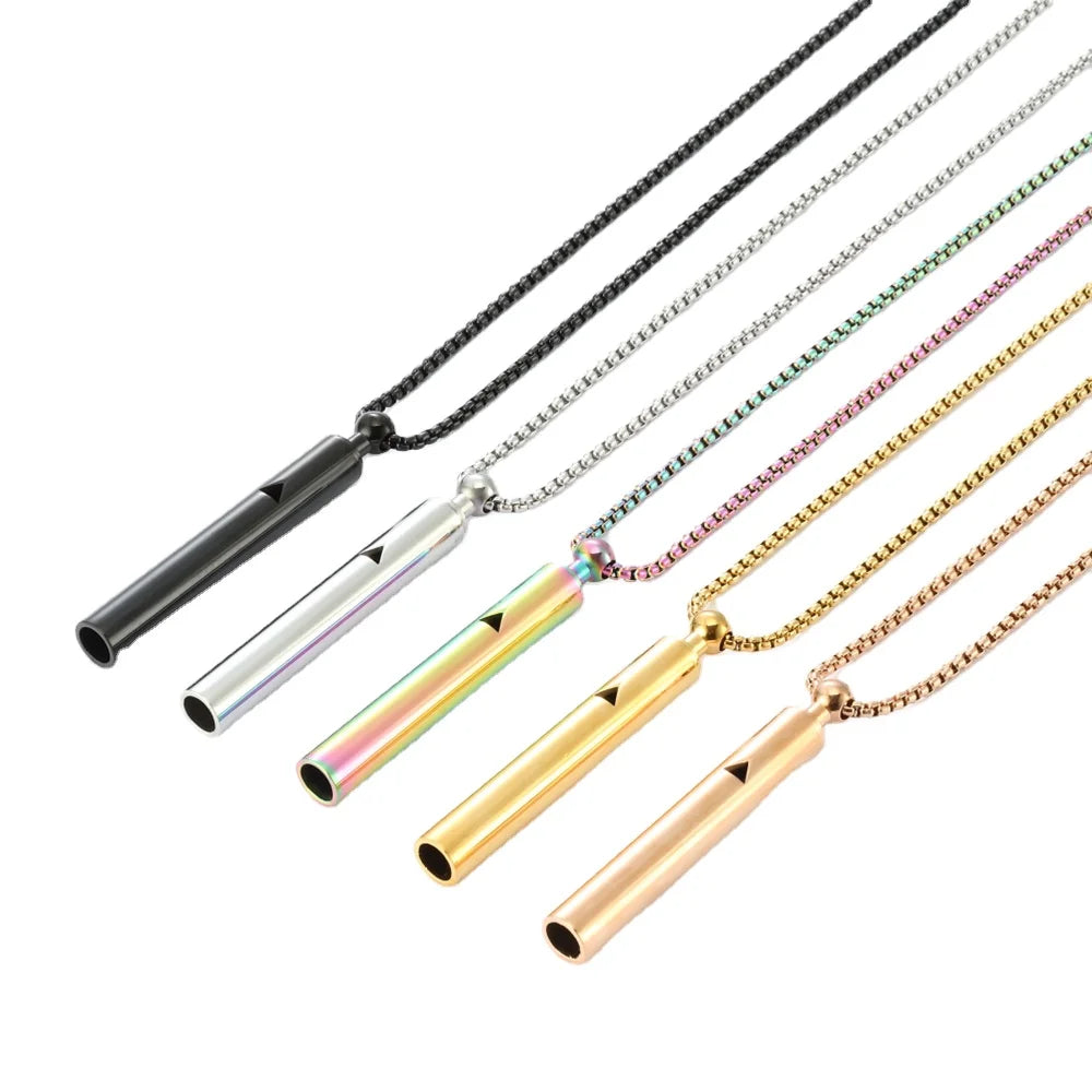 Triangular Hollow Stainless Steel Breathwork Calming Relief Meditation Stress Anxiety Relief Mindful Breathing Whistle Necklace