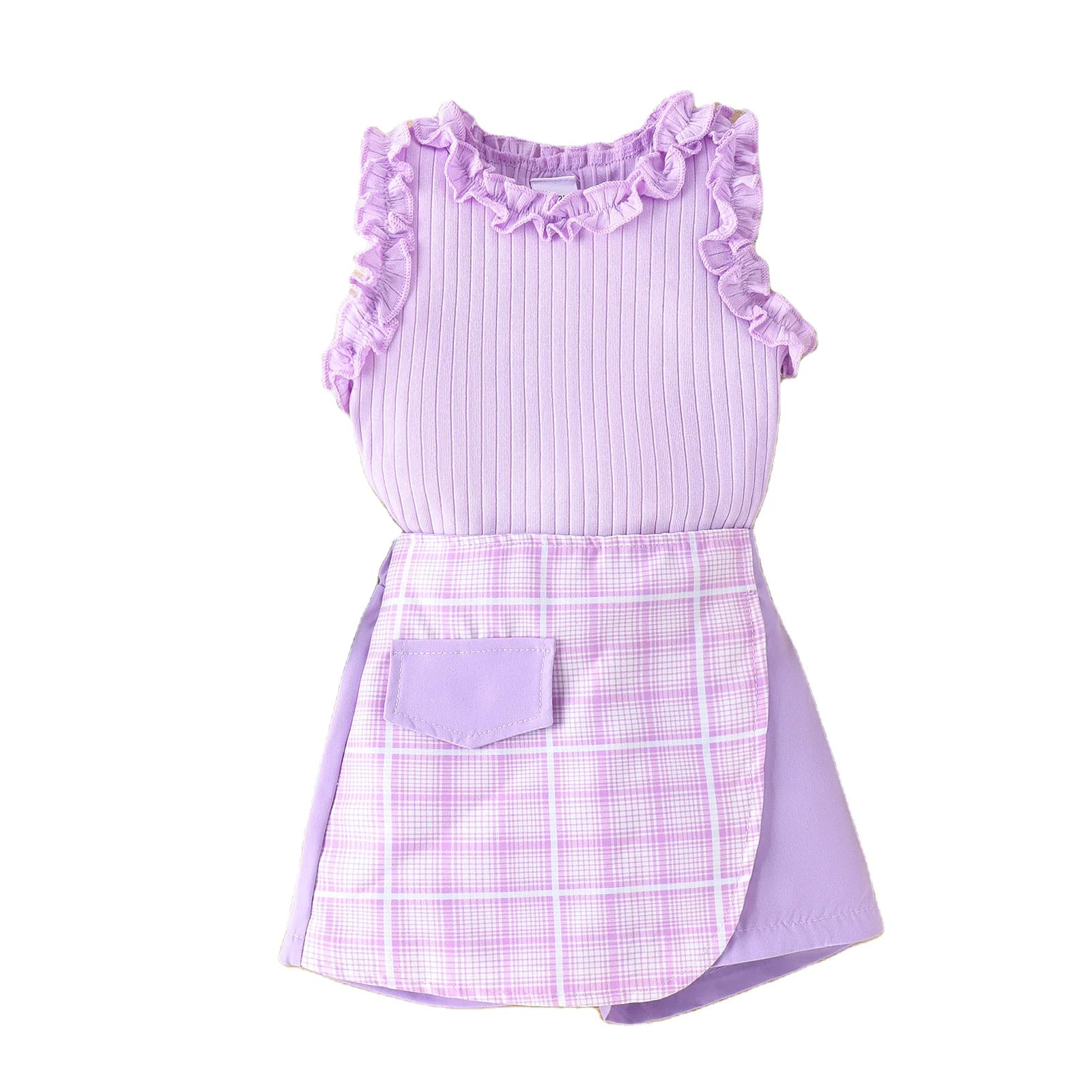Children's Clothing Summer Rough Pit Stripe Sleeveless Vest Checkered Irregular Shorts Set for Small and Medium-sized Girls