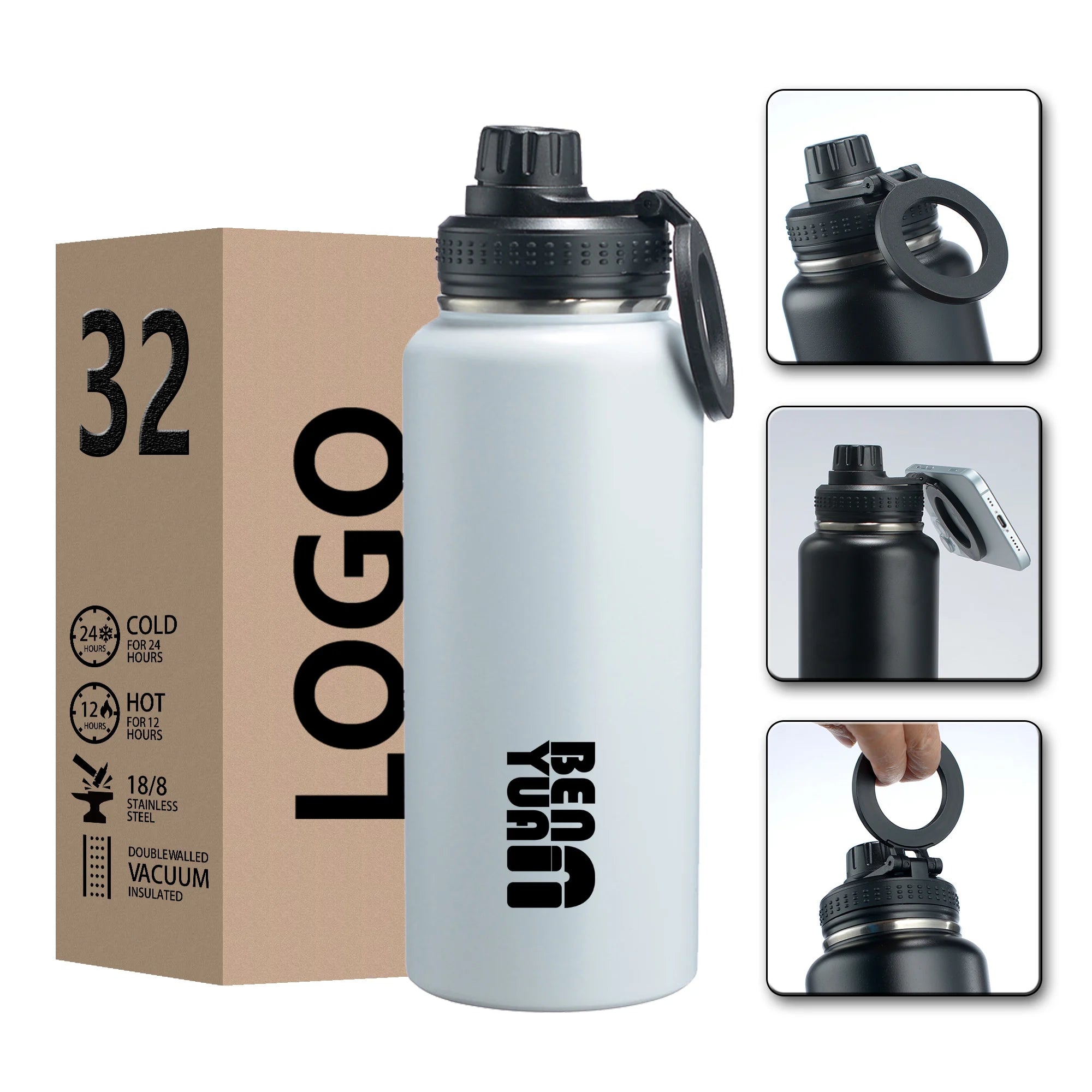 Custom Logo New Arrivals 304 Stainless Steel Vacuum Insulated 32oz Gym Water Bottle Magnetic Phone Holder Lid BPA-free 12-24hr