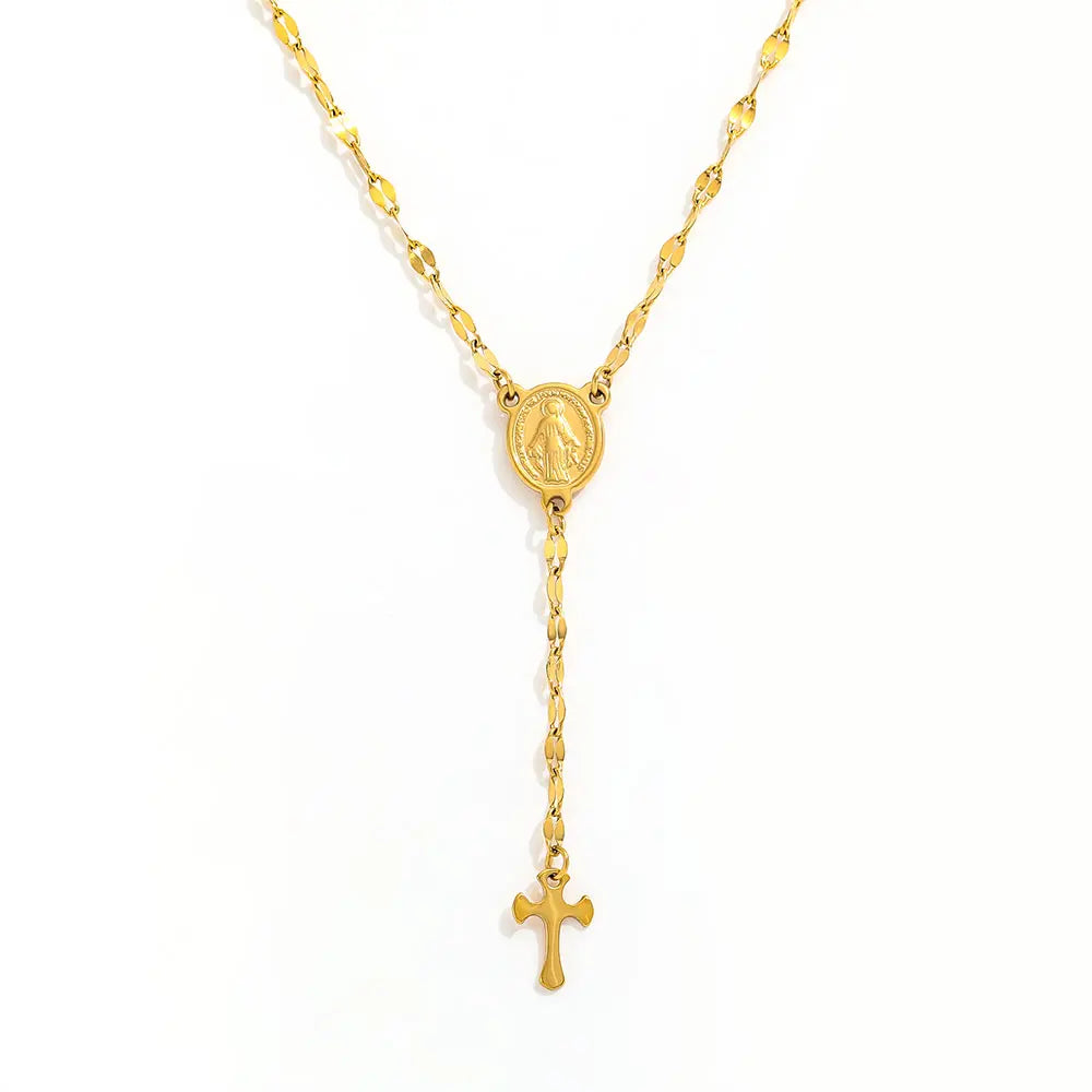 Joolim Jewelry Dainty Flat Chain Y Tassel Jesus Figure Cross Pendant Necklace 18K Gold Plated Stainless Steel Trendy  Necklace