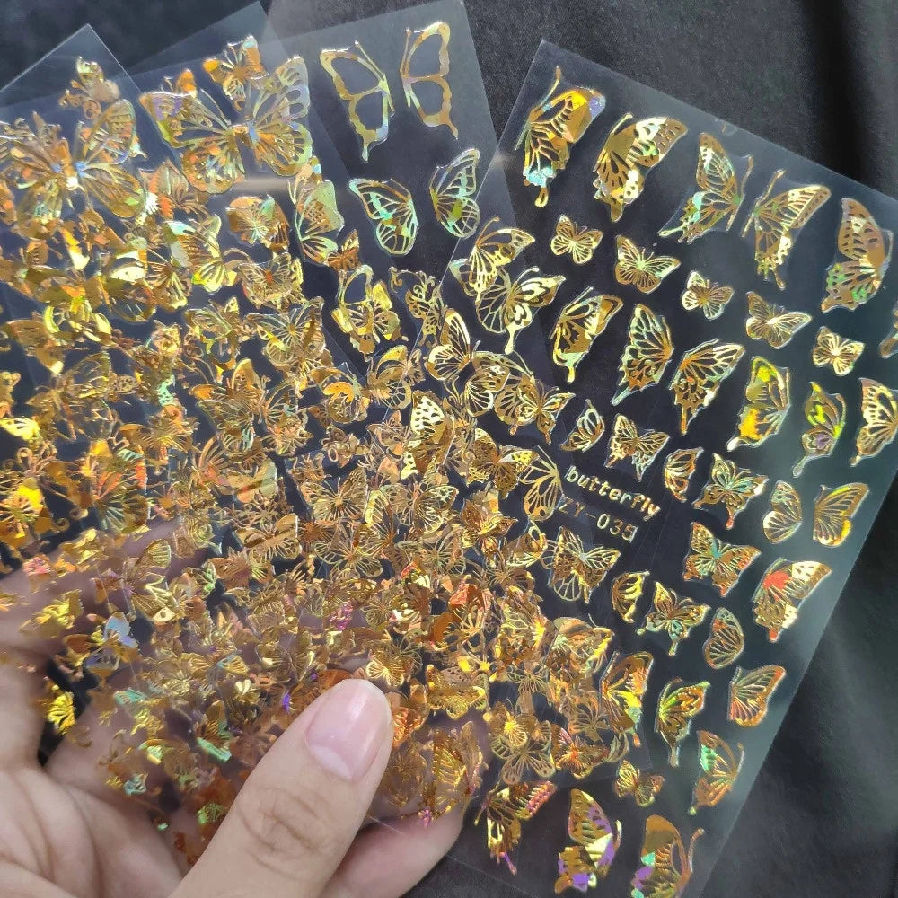 4Pcs/set Holographic 3D Laser Butterfly Nail Art Stickers 12*7.5cm Gold Silver Nail Adhesive Sliders DIY Glitter Butterfly Decal