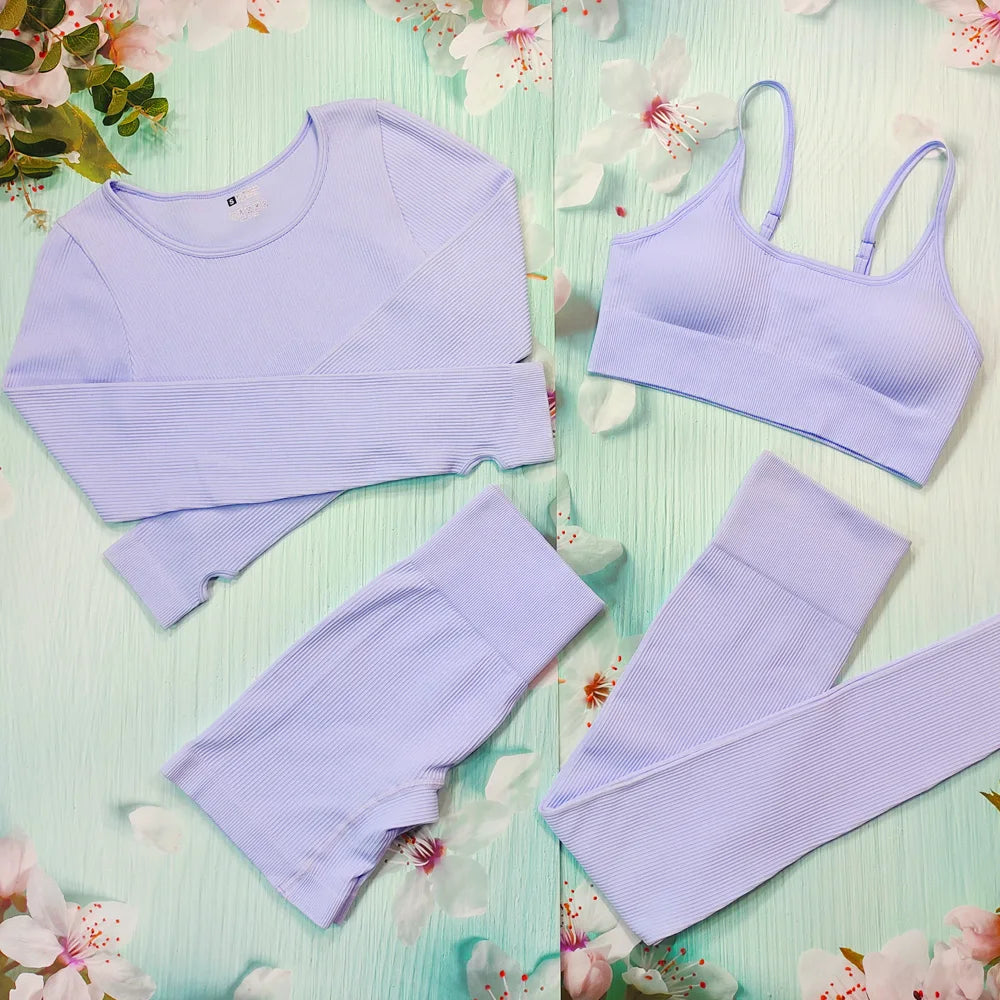 2023 New 4 Pcs Women Ribbed Seamless Yoga Bra Set Workout Clothing Sport Leggings Gym Fitness Seamless Active Wear Sportswear