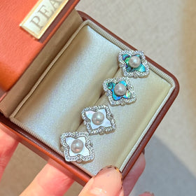 Silver Series Natural Seawater Abalone Shell Inlaid Four Leaf Clover Stud Earrings 5-6mm AAAA Grade Rhodium Plated Natural Pearl