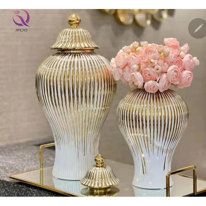 Light Luxury Large General Jar Handicraft Furnishings Ceramic Electroplated Vase Ginger Jar Table Flower Striped Vase