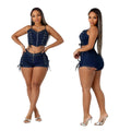 Summer Hot Sale Women Denim Set Sleeveless Front Zipper Halter Crop Top Bandage Design Sexy Shorts Women Casual Two Pieces Set