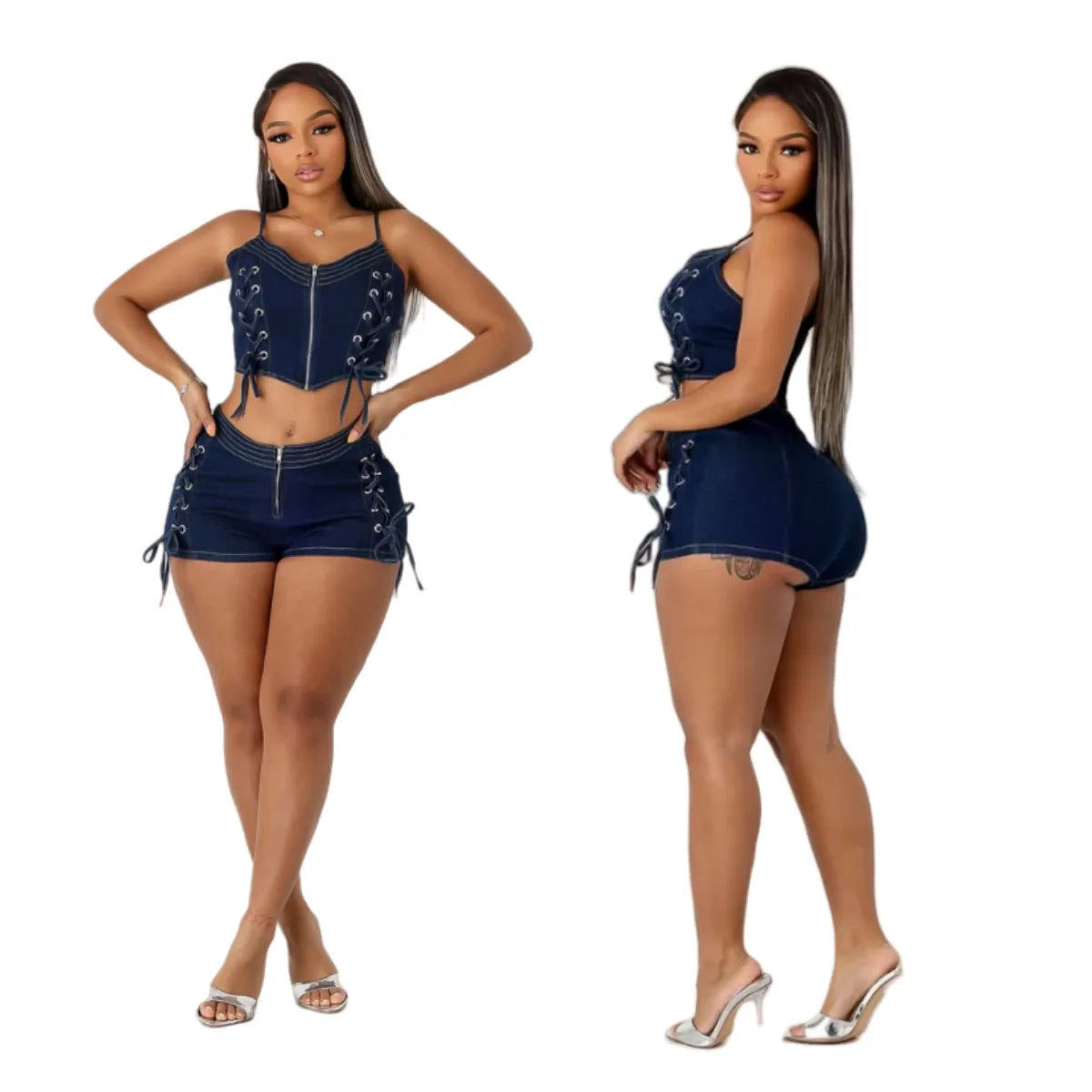 Summer Hot Sale Women Denim Set Sleeveless Front Zipper Halter Crop Top Bandage Design Sexy Shorts Women Casual Two Pieces Set