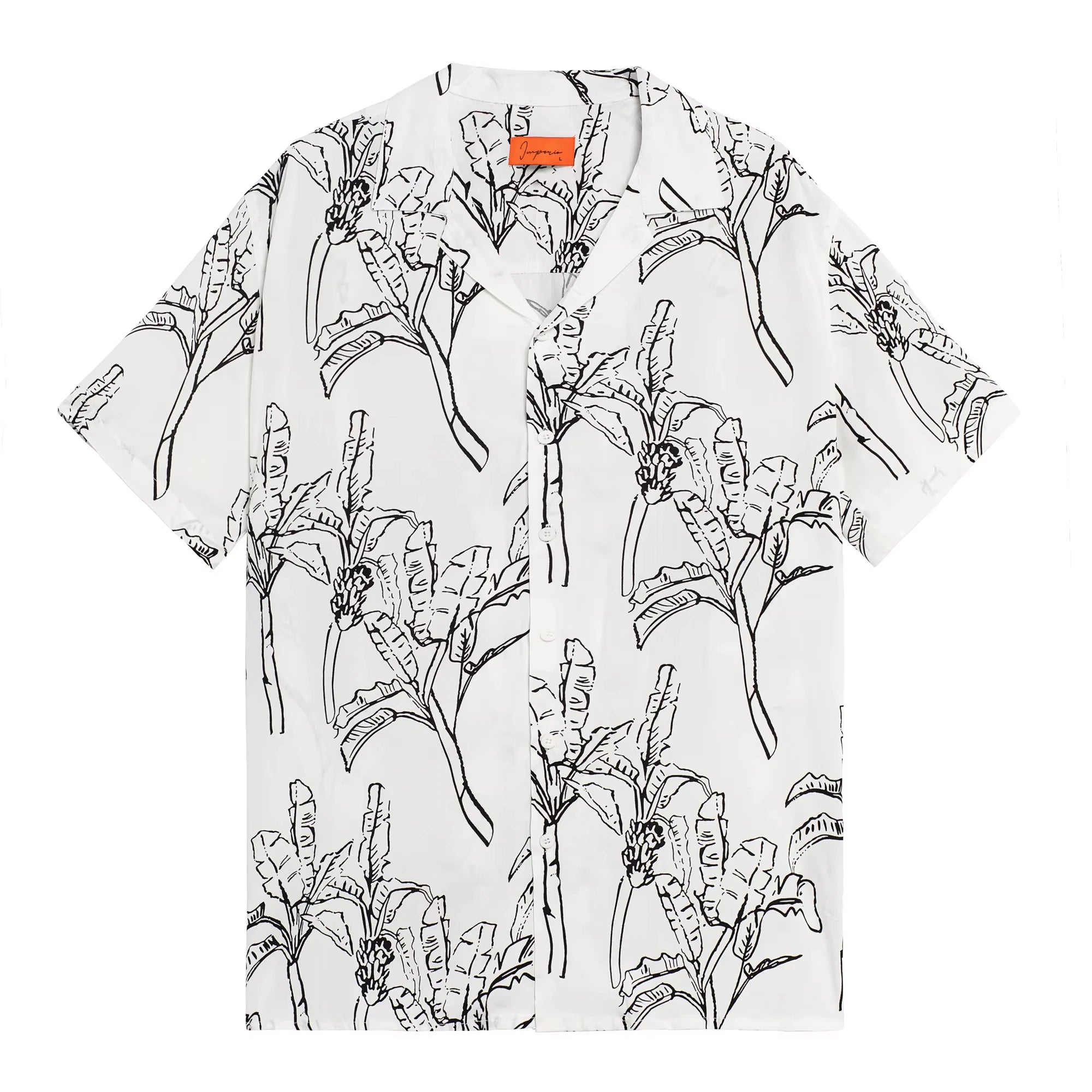 Imperio Corinto Men's White Casual Summer Empire Waist Hawaiian Short Sleeve Shirt with Black Palm Trees