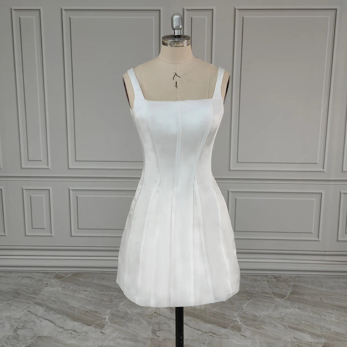 15598# Real Photos Elegant Square Collar Sleeveless Mini Satin Wedding Dress Evening Party Gown for Women Bridal Dress