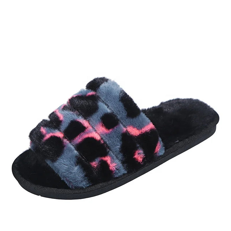 Woman Ladies Girls  Faux Rabbit Fur Fluffy Leopard Plush Home Open Toe  Cross Upper Indoor Slipper