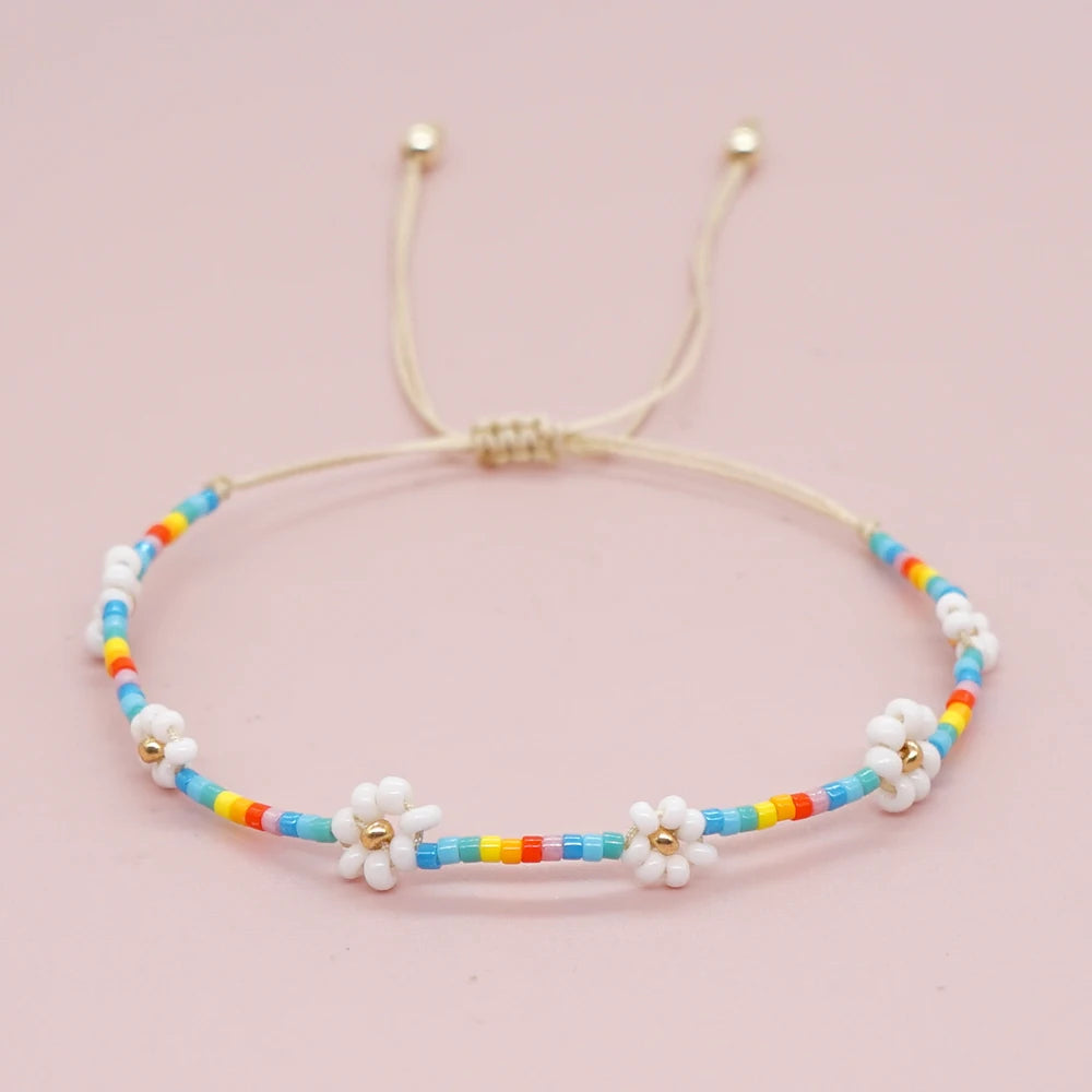 Go2Boho Summer Beach Jewelry Freshwater Pearl & Daisy Flower Rainbow Beaded String Bracelets Stackable Charm Bracelets for Women